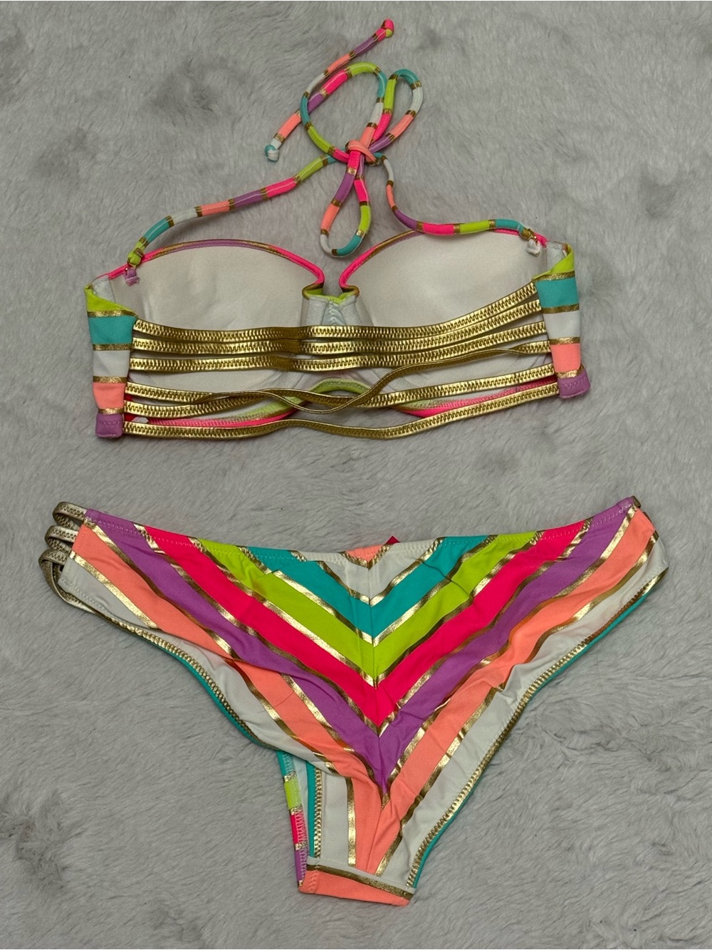 Colorful Stripe Bandeau Bikini Set - Neon Multi - Picture 4 of 6